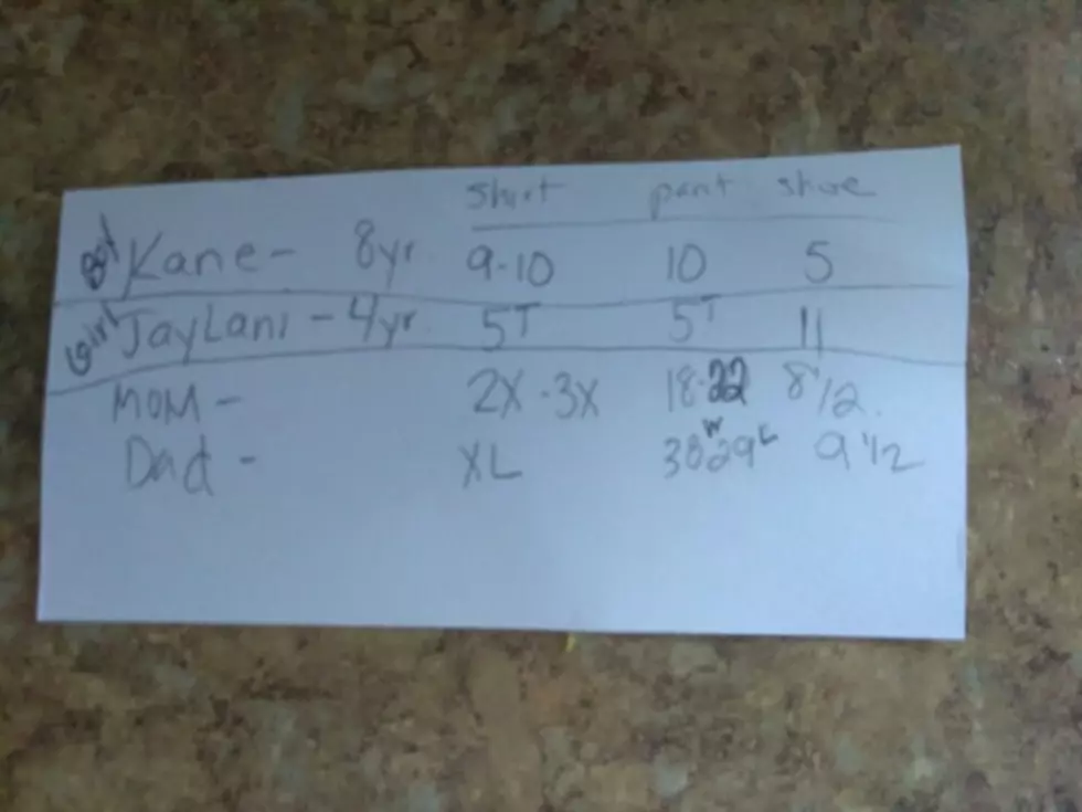 Here's a copy of the family's clothing sizes